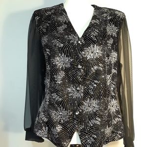 ANOTHER THYME BLK/SLVR TOP W/SHEER SLVS-SZ 18 NWT